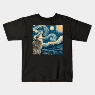 Starry night howling wolf Kids T-Shirt